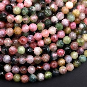 Perles rondes de tourmaline naturelle multicolores facettées, rose et vert, pierres précieuses véritables pour la création de bijoux - Product Image 1