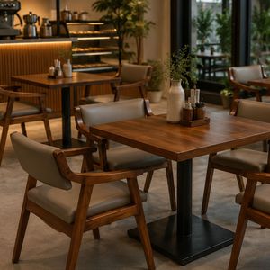 Chaise de salle à manger moderne en teck massif, fauteuil rembourré en bois pour restaurant, café, hôtel, mobilier commercial - Product Image 5