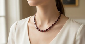 Collar de lujo con gema de granate cristiano en plata 925 |   65 Piedras Ovaladas de Granate |   Joyería de compromiso y boda, piedra de nacimiento de enero - Product Image 3