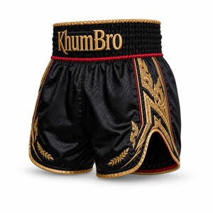 Shorts de Muay Thai personnalisés KhumBro noir, orange et or, en satin brodé de qualité supérieure, pour la boxe, le kickboxing et les combats, unisexe, 100 % polyester - Product Image 2