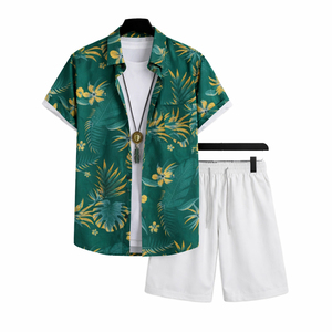 Ensemble chemise hawaïenne 2 pièces pour homme, imprimé floral tropical, manches courtes, boutonnée, avec short uni à cordon de serrage, tenue de plage - Product Image 4