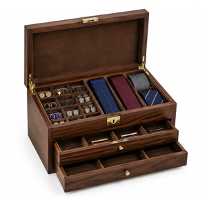 Walnut <b>Cufflink</b> Tie Chest Wholesale | Handcrafted Accessory <b>Box</b> India - Product Image 1