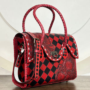 New Custom Large Capacity Hand Tooled Leather Shoulder Tote Bag High Quality Checkered Cowhide Leather Handbags <b>Purse</b> for Women - Product Image 4