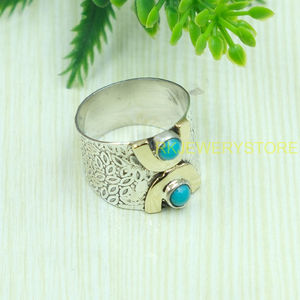 Bague Statement en Argent 925 Fait Main avec Pierre Turquoise pour Femme, Style Vintage Bohème, Large Bande en Laiton, Bijou Artisanal, Cadeau Unisexe - Product Image 4
