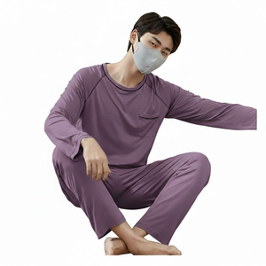 Ensemble de pyjama gris à manches longues pour homme avec poche, en coton doux, vêtements de nuit décontractés, taille élastique, pour le printemps, lavable en machine - Product Image 3