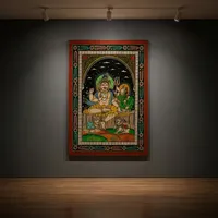 Handgefertigte Pattachitra-Malerei Shiva sitzend mit Parvati auf Holz für Innenraum-Wohnzimmer Wanddekoration