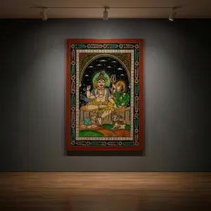 Peinture Pattachitra artisanale représentant Shiva assis sur Parvati sur bois pour décoration murale intérieure dans le salon - Product Image 6