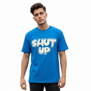Camiseta Gráfica Azul Personalizada para Hombre, con Parche 'Shut Up', Estilo Urbano, Algodón Grueso, Oversize, Vintage, Lavada, Manga Corta, Moderna - Product Image 1