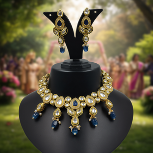 Ensemble de collier Kundan plaqué or 18 carats pour mariage et fête - Mode et tendance - NS614 Bleu - Product Image 3