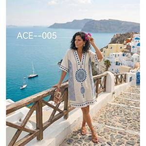 Robe trapèze en coton brodé, col en V, manches courtes, longueur genou, style vacances, motif géométrique blanc, tenue d'été en gros - Product Image 5
