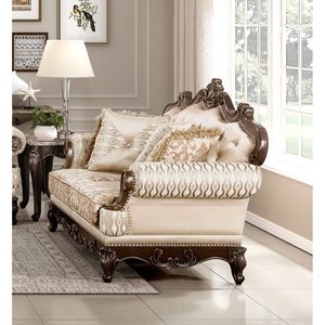 Ensemble de salon de luxe 3 pièces en bois massif, canapé, causeuse et fauteuil traditionnels en finition cerisier avec finition dorée - Product Image 4