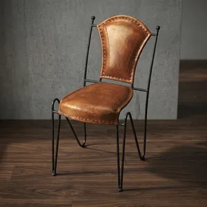 Vintage Brown Leather Dining <b>Chair</b> with Curved Backrest Armless Design <b>Metal</b> Frame <b>Legs</b> Rustic Industrial Accent Seating - Product Image 4