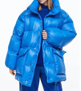 Chaqueta Acolchada Azul Sólido para Mujer, Manga Larga, Cuello Alto, Cierre de Cremallera, Abrigo de Invierno, Relleno de Poliéster, Tejido de Tela - Product Image 1
