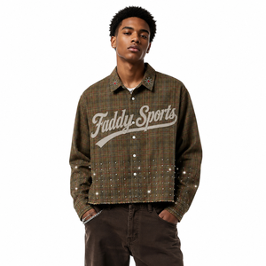 Chemise en flanelle à carreaux personnalisée avec strass, vintage, coupe oversize, en coton épais, broderie graphique, streetwear décontracté pour homme, à boutons - Product Image 1