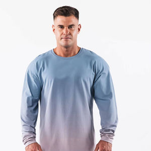Camiseta de Manga Larga para Hombre, Color Azul Claro, Cuello Redondo, Corte Regular, Color Sólido, Informal, de Punto, de Algodón Transpirable - Product Image 1
