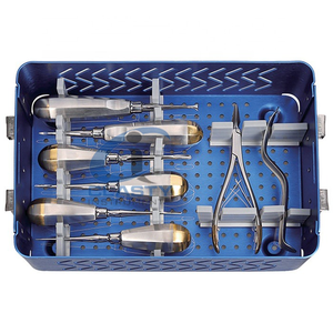 Ensemble d'instruments chirurgicaux dentaires en acier inoxydable, poignée ergonomique, outils manuels, classe I, plateau bleu, certifié CE - Product Image 1