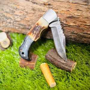 Navaja de bolsillo plegable de acero de Damasco hecha a mano con mango de madera y funda de cuero, compatible con OEM, para uso diario. - Product Image 4