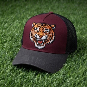 Casquette de baseball pour homme, bordeaux, style trucker, broderie tigre, dos en maille noire, fermeture snapback, logo personnalisé - Product Image 5