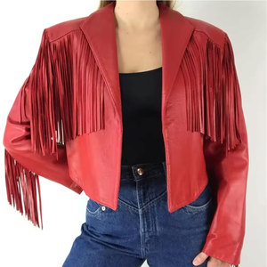Econex Sports Red PU <b>Leather</b> Fringed Embroidered Varsity <b>Blazer</b> Women's Short Turn-down Collar Full Sleeve Breathable Casual - Product Image 1