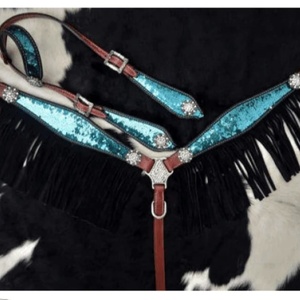 Sillines de diseño de plumas de secuencia azul occidental de cuero genuino hecho a medida al mejor precio New Horse Western Headstall Breastcollar - Product Image 2