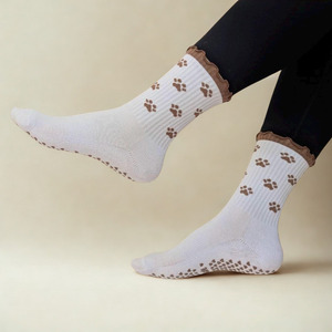 <b>Custom</b> Logo Ruffle Crew <b>Grip</b> <b>Socks</b> Paw Print Non Slip Breathable Cotton Blend Yoga Pilates Ballet <b>Socks</b> - Product Image 3