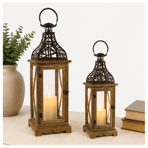 High Quality Rustic Farmhouse Wooden Decorative <b>Lantern</b> Set of 2 <b>Large</b> Vintage Distressed Wood and Filigree Metal Top Low Price - Product Image 5