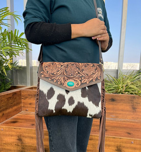 Bohème usiné à la main en cuir de vachette frange bandoulière sac à main pour femmes Western en cuir véritable Turquoise pierre enveloppe sac à main - Product Image 2