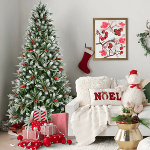 Albero di natale artificiale Premium 5ft 1113PE/PVC punte di rami misti rosso frutta pigna incernierata Base pieghevole per vacanza al coperto - Product Image 6