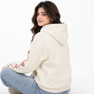 <b>Women's</b> <b>Cream</b> Puff Print Hoodie Drop Shoulder <b>Fleece</b> Sweatshirt with Heart Appliques Trendy Street Fashion - Product Image 2