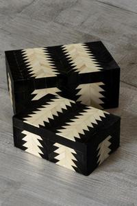 Boîte à bijoux Art Déco à 2 couches avec incrustations, motif géométrique noir et blanc, rangement rectangulaire avec couvercle - Product Image 5