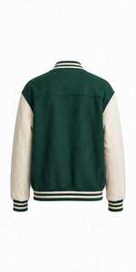 Blouson universitaire d'hiver pour femme en peau de mouton verte, avec blocs de couleur, corps en suède et coton, manches côtelées, lettres brodées, boutons-pression et col montant - Product Image 2
