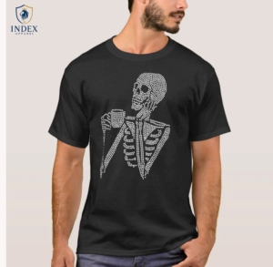 Index Apparel Men's Black Rhinestone Skeleton Print Short Sleeve T-<b>Shirt</b> Regular Fit O-Neck <b>Gothic</b> Design - Product Image 1
