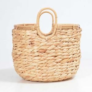 Water hyacinth <b>basket</b> with rattan <b>handle</b> and rattan rim Handmade Storage <b>Basket</b> Wholesale eco-friendly Made in Vietnam - Product Image 3