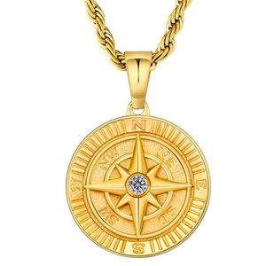 Men's <b>Compass</b> Pendant Necklace 925 Sterling Silver 14K Gold Plated Rope <b>Chain</b> Miami Cuban Style Coin Design Diamond Accents - Product Image 1