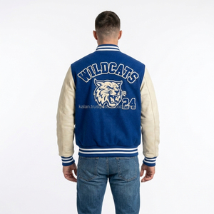 Chaqueta Varsity Personalizada para Hombre, de Lana, con Mangas de Cuero Genuino, Bordada, Casual, de Invierno, con Cuello Alto, Ecológica y Reversible - Product Image 5