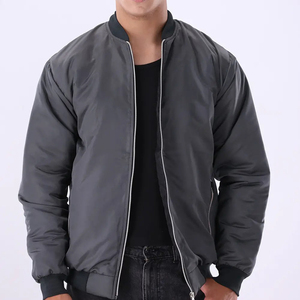 Men's Gray <b>Fleece</b> Bomber Jacket <b>Zipper</b> Closure Casual Solid Color Windproof Polyester Autumn Wear Regular Fit Turn-down Front - Product Image 1