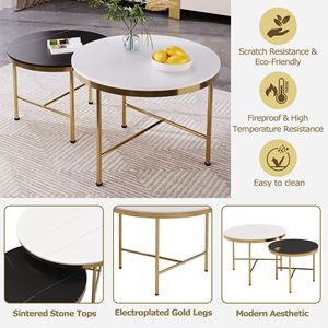 Set di Tavolini da Caffè Moderni a 2 Pezzi, Nero e Bianco, con Piano in Pietra Sinterizzata e Base Dorata, Misure 60 cm e 45 cm - Product Image 5