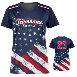 Jersey de Softbol para Mujer, Diseño Patriótico con Bandera de Estados Unidos, Sublimación Completa, Ajuste Ergonómico, Uniforme Personalizado con Número en la Espalda - Product Image 1