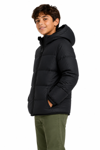 Boys Black Hooded Puffer Winter Jacket Insulated <b>Quilted</b> Warm Zip-Up Coat Lightweight Water Resistant Cold Weather Outerwear - Product Image 2