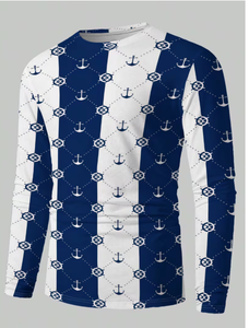 Camisa Casual de Punto para Hombre, Manga Larga, Cuello Redondo, Rayas en Relieve, Azul y Blanco, 100% Algodón, Antiencogimiento, para Primavera - Product Image 2