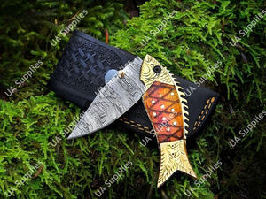 Cuchillo de Acero de Damasco Hecho a Mano con Hoja Drop Point, Bloqueo Liner Lock, Mango de Hueso de Camello y Latón, Profesional, EDC, de Bolsillo, Utilitario, Multiusos, de Alta Calidad - Product Image 4