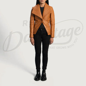 Women Tan Real <b>Leather</b> Biker <b>Jacket</b> with Quilted Shawl Collar Slim Fit Premium Sheepskin Asymmetric Casual Fashionable Blazer - Product Image 4