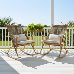 Ensemble de 2 chaises à bascule en fer avec finition érable et rotin PE gris - Product Image 2