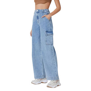 Pantalones Cargo Acampanados de Alta Gama para Mujer, Lavado Oscuro, Transpirables, Lavables, de Pierna Recta, Diseño de Pantalón Cargo Ancho con Tela Vaquera - Product Image 3