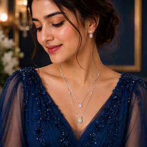 925 Sterling Silver Emerald Cut Zircon Gemstone Crystal Pendant <b>Long</b> Layered <b>Necklace</b> Set Matching Earrings Set Rhodium Plated - Product Image 5