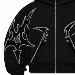 Custom <b>Black</b> Rhinestone Tribal <b>Zip</b> <b>Hoodie</b> Oversized Y2K Streetwear Gothic Graphic Heavyweight Unisex Hooded Jacket Winter <b>Hoodie</b> - Product Image 4