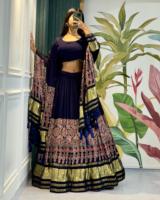 Gaun Lehenga Cetak Ajrakh Mewah dengan Dupatta, Pakaian Etnis Tradisional India, Desainer Cetak Blok, Pakaian Pesta Pernikahan, Lehenga Choli Se