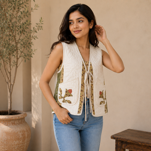 Chaleco acolchado de algodón hecho a mano para mujer, con estampado floral, sin mangas, con lazo frontal, estilo casual bohemio, con bolsillos. - Product Image 6