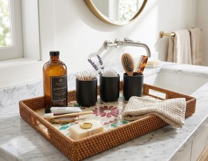 Handcrafted Rattan and Mother of Pearl Inlay Decorative <b>Tray</b> <b>Large</b> Rectangular Ottoman Coffee Table Serving <b>Tray</b> from Vietnam - Product Image 5