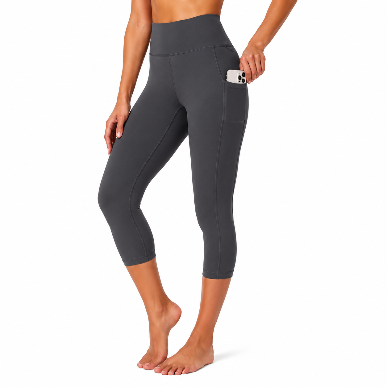 High Waisted Seamless Yoga Leggings Calf-Length With Pockets Four-Way Stretch Solid Color Women's Workout Pants